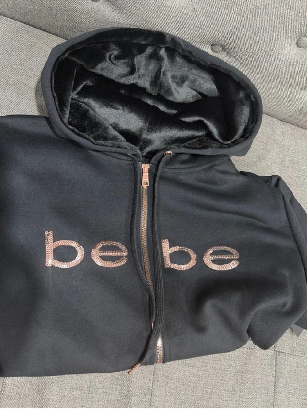 bebe hooded Jacket with Rose Gold Sequin Logo
